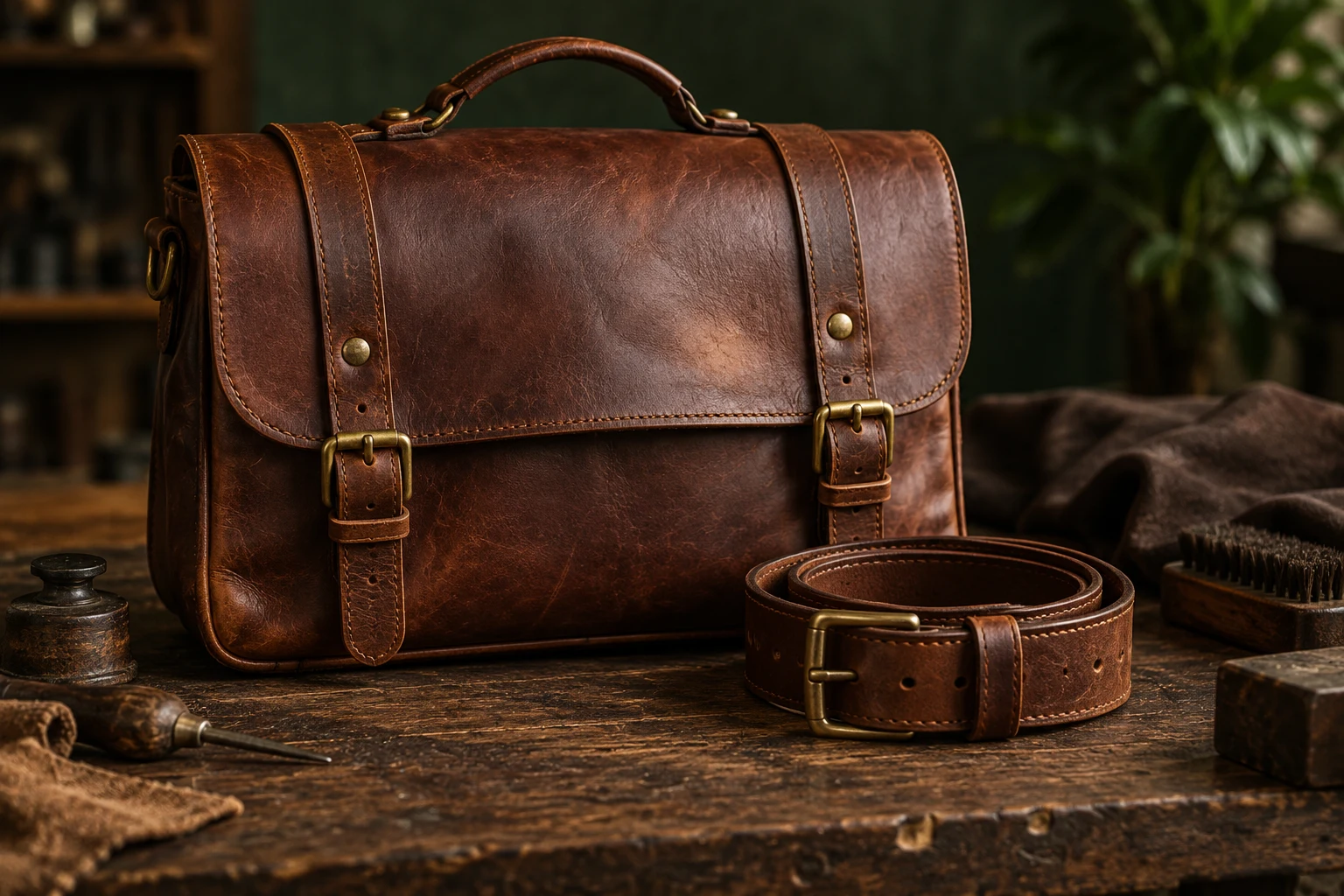 Illustrative leather bag and belt